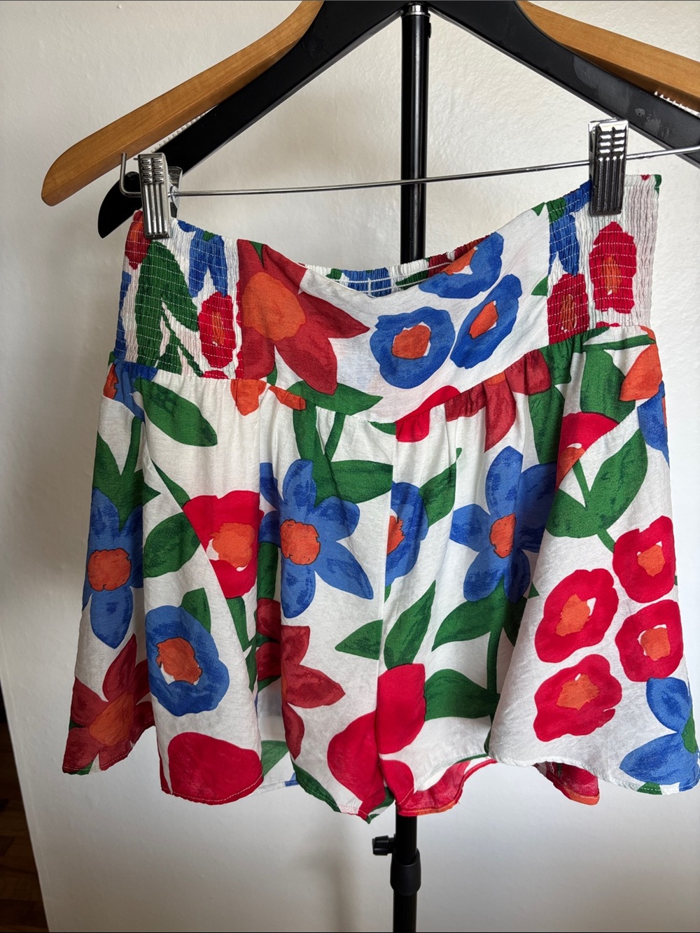 Floral Smocked Waist Skort in White with Red & Blue Blooms